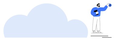 Veri yönetimi ve küresel bağlantıyı temsil eden büyük bir bulutun yanında duran bireysel holding küresi ve pano. Bulut hesaplama, teknoloji, iş, yenilik, ağ kurmak için ideal