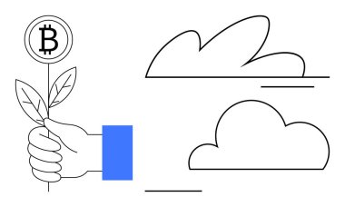 Üzerinde minimalist bulutların eşlik ettiği Bitcoin amblemi olan el yapımı yaprak sapı. Kripto para birimi, sürdürülebilirlik, engelleme zinciri büyümesi, eko-finans, yenilenebilir enerji yatırımı, yeşil