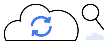 Mavi senkronize okları ve büyüteçleri olan büyük bir bulut. Veri paylaşımı, güncellemeler, depolama, bulut hesaplama, arama, teknoloji, yedekleme için ideal. Basit düz metafor