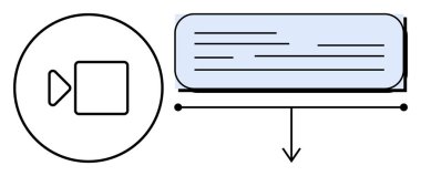 Video sembolü tanımlayıcı metin kutusuna bir ok ile bağlanır. Medya yayını, video dersleri, iletişim, içerik paylaşımı, eğitim, teknoloji ve modern tasarım için ideal. Basit düz