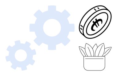 Süreç verimliliğini temsil eden dişliler, dijital finans için kripto para ve büyümeyi sembolize eden bir bitki. Teknoloji, girişimcilik, yenilik, sürdürülebilirlik, fintech, iş için ideal