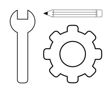 Yaratıcılığı, teknik çalışmayı, yeniliği ve verimliliği vurgulayan anahtar, vites ve kalem. Kavramların gelişimi, mühendisliği, planlama eğitimi takım çalışması ve beyin fırtınası için idealdir