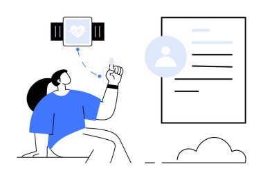 Kadın, sağlık verilerini dijital bir profile aktaran, fitness takibini, kişisel sağlık yönetimini ve bulut veri depolamayı temsil eden akıllı bir kadınla etkileşim halindedir. Teknoloji, sağlık ve refah için ideal.