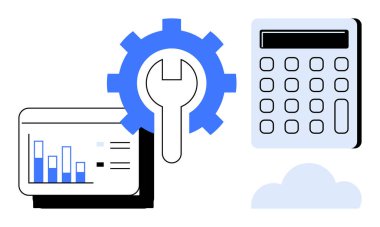 Ekranda çubuk çizelgesi, İngiliz anahtarı sembolü, hesap makinesi ve bulut. Teknoloji, veri analizi, finans, verimlilik bulutu hesaplama mühendisliği yönetimi için ideal. Basit düz metafor