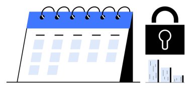 Spiral takvim, güvenli planlar, gizlilik ve veri korumasını temsil eden bir asma kilit ile eşleştirildi. Zamanlama, güvenlik, gizlilik, planlama, organizasyon, gizlilik ve kısıtlı erişim için ideal