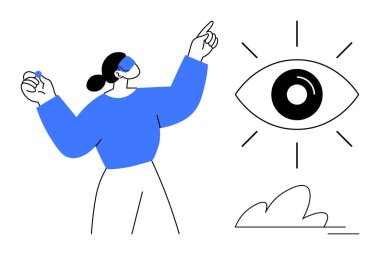 Sembolik bir göze doğru hareket eden bir kadın. Parlayan çizgiler, odak noktası, farkındalık, görüş. Yaratıcılık, fikir üretimi, farkındalık, yenilik, rehberlik keşfi için ideal basit düz