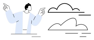 El kaldıran ve işaret eden kişi, arka planda çok az bulut var. Yaratıcılık, hayal gücü, çevre, basitlik, karar verme, iyimserlik için idealdir. Basit düz metafor