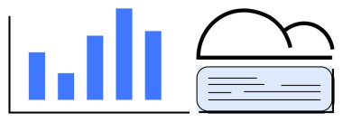 Bulut ve depolama sembolü ile eşleştirilmiş veri analizini gösteren mavi çizelge dijital depolama, veri yönetimi ve teknoloji operasyonlarını gösteriyor. İş, teknoloji ve veri için ideal
