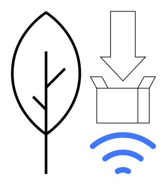 Yaprak doğayı simgeliyor, aşağı ok ambalaj veya veri depolama ve mavi kablosuz sinyal için bir kutuya giriyor. Eko-teknoloji, yenilik, e-ticaret, teknoloji, sürdürülebilirlik, iletişim için ideal