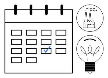 Mavi işaretli takvim, duman yayan fabrika, parlayan ampul. Planlama, teslim tarihi, verimlilik, yenilik, fikir üretmek için idealdir. Basit düz metafor