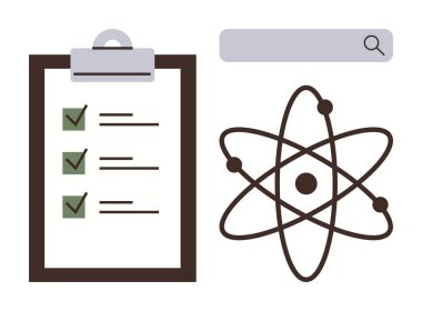 İşaretli görevleri olan kontrol listesi, elektronları olan atom modeli ve arama çubuğu. Eğitim, araştırma, organizasyon, değerlendirme, üretkenlik bilimsel yöntem ve keşif için idealdir. Basit düz metafor