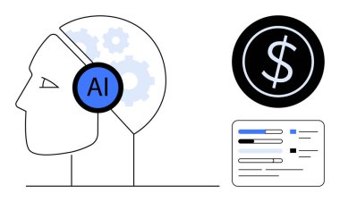 Yapay zeka dişli sembollü insan kafası, dolar simgesi, veri tablosu. Finans teknolojisi, makine öğrenimi, veri odaklı yenilik, yapay zeka entegrasyonu, ekonomik büyüme, analitik düz metafor için ideal