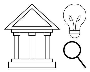 Sütunlu yapı kurum veya hukuku simgeler, ampul fikirleri veya yeniliği, büyüteç ise araştırma veya araştırmayı temsil eder. Eğitim, bilim, hukuk ve yenilik için ideal
