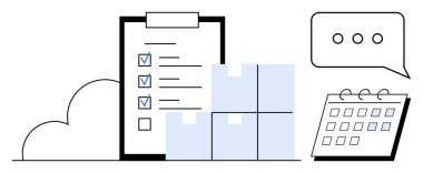 Keneleri, birikmiş kutuları, takvimi ve sohbet baloncukları olan kontrol listesi. Organizasyon, planlama ve iletişim. Takım çalışması, verimlilik, lojistik envanter planlaması için ideal