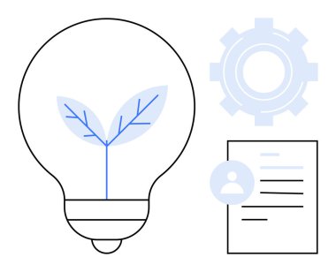 Filizlenen bitki, vites sembolü ve çevre dostu yeniliği vurgulayan belge ikonuna sahip ampul. Sürdürülebilirlik, teknoloji, yaratıcılık, büyüme, sanayi, ilerleme ve çevre için ideal