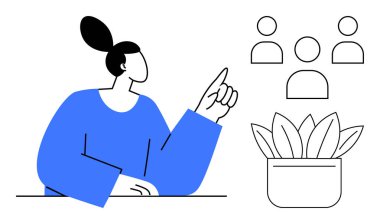 Kadın takım ikonlarını gösteriyor, işbirliği öneriyor. Masadaki bitki, odaklanmayı teşvik etme, büyüme, takım çalışması, liderlik, iletişim planlaması ve motivasyonu içerir. Minimalist