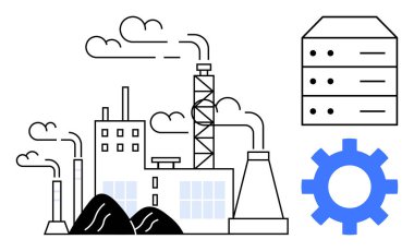 Bacaları duman çıkaran sanayi binaları, veri işlemeyi temsil eden bir sunucu yığını ve mühendisliği gösteren mavi dişli. Endüstri, teknoloji, otomasyon, altyapı için ideal