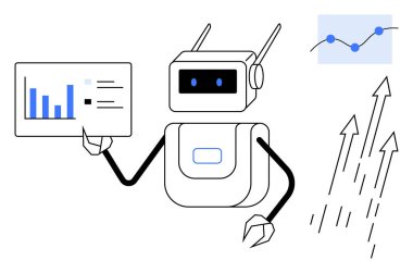 Robot, çubuk ve çizgi grafikleri, büyüme okları ve trend analizleriyle bir grafik tutuyor. Yapay zeka, veri analizi, makine öğrenimi, otomasyon, teknoloji, iş geliştirme için idealdir. Basit düz