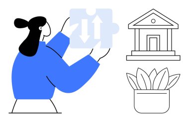 Elinde yön okları, banka binası ve bitki olan bir yapboz parçası tutan kadın. Strateji, finans, karar verme, takım çalışması, büyüme, organizasyon için ideal basit düz metafor