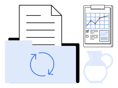 Belge ile klasörü aç, analitik grafiği göster ve simgeyi tazele. Veri organizasyonu, ofis verimliliği, proje izleme, analitik, dijital dönüşüm, dosya yönetimi için ideal