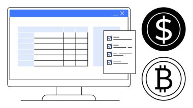 Bilgisayar ekranında dolar ve kripto para birimi simgeleriyle birlikte veri ızgarası ve kontrol listesi gösterilir. Finans, bütçe, kripto para birimi, veri analizi, üretkenlik, dijital araçlar, teknoloji için ideal