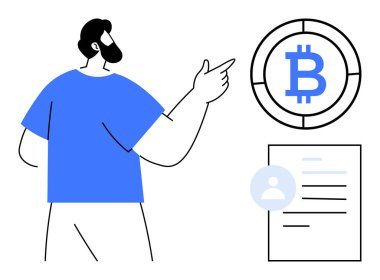 Bitcoin para tasarımına ve dokümanlarda kullanıcı profiline işaret eden kişi, engelleme zinciri, finans, yatırım. Kripto para birimi, kimlik, fintech, engelleme zinciri, yenilik teknolojisi için ideal