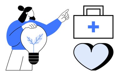 Elinde yaprak olan ampulü tutan bir kadın, tıbbi yardım çantasını ve kalbi işaret ediyor. Sağlık, yenilik, sürdürülebilirlik, refah, bakım, çevre ve modern çözümler için idealdir. Basit düz metafor