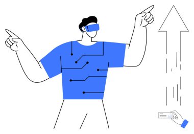 AR gözlükleri takan adam sanal arayüzlerle etkileşime girer, yukarı doğru ok ilerlemeyi yansıtır. Teknoloji, yenilik, sanal gerçeklik, büyüme, analiz, yaratıcılık, dijital dönüşüm için ideal