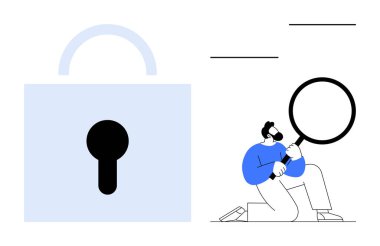 Adam diz çöküp güvenlik kavramını büyük bir kilidin yanında büyüteçle inceliyor. Siber güvenlik, veri koruması, mahremiyet, araştırma, soruşturma, güvenlik, basit düz metafor