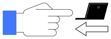 Bir dizüstü bilgisayarı işaret eden el hareketi, iletişimi, ilerlemeyi veya navigasyonu vurgulayan bir ok. Teknoloji, iletişim, rehberlik, ilerleme, arayüz etkileşimi için ideal basit düz