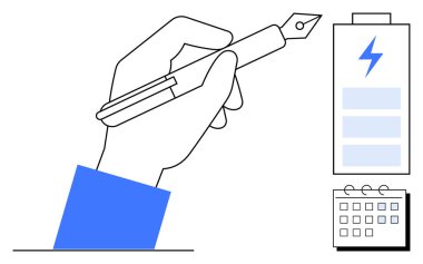 Yazma hareketinde bir kalem, şarj seviyesinde bir pil simgesi ve olaylarla dolu bir takvim. Üretkenlik, organizasyon, yaratıcılık, planlama, zaman yönetimi enerji iş akışı için idealdir. Basit.