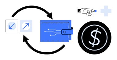 Devreli cüzdan, dolar işareti, oklar, bozuk paralar ve el. Fintech, teknoloji, ödeme yatırımı para transferi kripto para birikimleri için ideal. Basit düz metafor