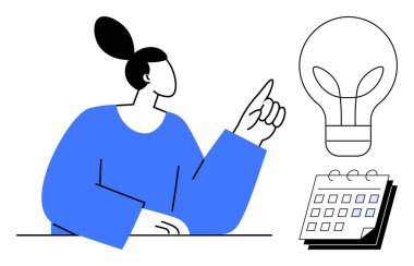 Ampul ve takvime doğru hareket eden kendinden emin kadın, yaratıcılığı, stratejiyi, zaman yönetimini, yeniliği, organizasyonu, takım çalışmasını ve beyin fırtınasını temsil ediyor. Basit düz metafor için ideal