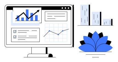 Bilgisayar ekranı analitik, grafik ve verileri çubuk çizelgesi ve çiçek tasarımının yanında gösteriyor. Strateji, iş raporu, performans izleme, büyüme, eğitim, takım çalışması için ideal