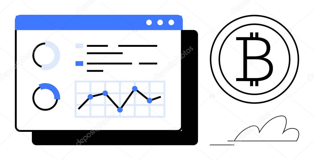 Data dashboard with charts, graphs showing statistics, and Bitcoin logo. Ideal for finance, cryptocurrency, data analysis, economic research, blockchain, market trends simple flat metaphor