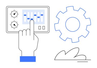 Bir dişli ve soyut bulut elementleri eşliğinde kontrol paneli kaydırıcılarıyla el etkileşimi. Teknoloji, otomasyon, sistem yönetimi, süreç optimizasyonu, dijital araçlar, mühendislik için ideal