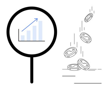 Büyüme grafiğinin üzerindeki büyüteç yükselen eğilimi vurguluyor, madeni paraların düşüşü yatırımı ve zenginliği simgeliyor. Finans, iş, analiz, büyüme ve yatırım stratejisi için ideal. Minimalist