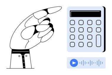 Robot el hesap makinesini ve ses giriş panelini işaret ediyor. Teknoloji, otomasyon, yapay zeka, hesaplama, robot bilimi, finans ve yenilik için ideal. Kusursuz düz metafor