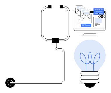 Parlayan bir ampule bağlı elektrik devresi, ekrandaki dijital zarflar, ikili kodlama ve veri akışı. Yenilik, elektrik, teknoloji, iletişim, kodlama için ideal