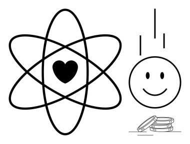 Atom tasarımı içindeki kalp ve düşen paralarla dolu mutlu bir yüz aşkı, enerjiyi, mutluluğu ve zenginliği çağrıştırıyor. Bilim, aşk, mutluluk, bolluk, finansal refah için idealdir.