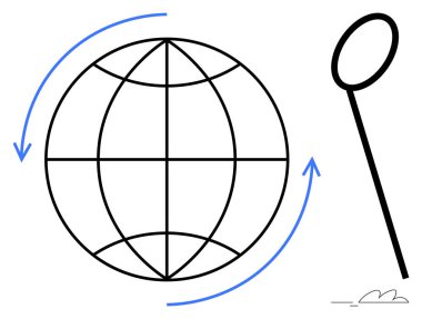 Dönen küre oklarla çevrili, büyüteçle eşleştirilmiş, keşfi sembolize ediyor. Küreselleşme, araştırma, yenilik, eğitim, teknoloji ve çevre gelişimi için ideal. Basit düz