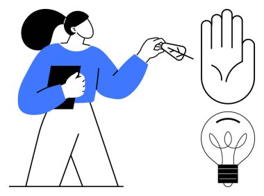 Elinde kitap tutan kadın, resimli el ve ampul ikonları eşliğinde yaprak eğitimi alıyor. Konseptler için idealdir. Öğrenme, doğa, yenilik, yaratıcılık, eko-farkındalık, eğitim, basit yassı