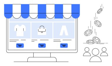 Masaüstü sergi kıyafetlerinde vitrin önü, ödül olarak düşen madeni paralar, üç kullanıcı. E-ticaret, ödüller, kullanıcı katılımı, dijital pazar yeri, çevrimiçi perakende stratejileri, tüketici davranışı için ideal