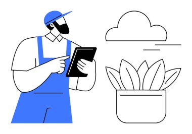 Tulumlu modern çiftçi, bir bitki ve bulutun yanında duran bir tablet kullanır. Tarım, ürün yönetimi, sürdürülebilirlik, yenilik, akıllı çiftçilik, çevre dostu uygulamalar için ideal