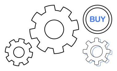 Birbirine bağlı üç vites ve altı çizili bir Buy düğmesi takım çalışması, otomasyon, e-ticaret, yenilik, verimlilik, sistem işlemleri ve modern iş çözümlerini basit bir düz metaforda iletir