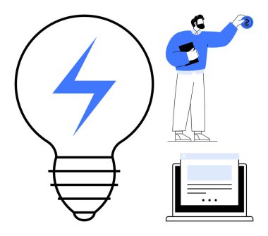 Yıldırım sembollü ampul, belgenin yanında bozuk para tutan adam ve dizüstü bilgisayar. Yenilik için ideal, iş başarısı, enerji, teknoloji, yaratıcılık finansmanı başlangıç enerjisini artırır. Basit düz