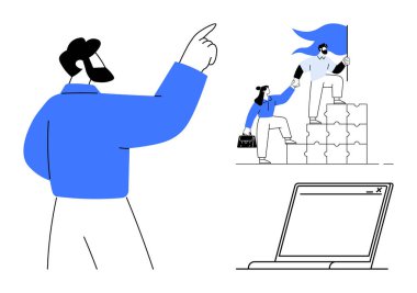 Lider ileri işaret ediyor, iki profesyonel bir bayrak ve bir dizüstü bilgisayarla bulmaca bloklarına tırmanıyor. Liderlik, takım çalışması, yenilik, amaç belirleme, strateji danışmanlığı profesyonel büyüme için idealdir. A