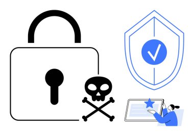 Asma kilit, işaretli kalkan, çapraz kemikli kafatası ve tabletle etkileşen kullanıcı. Veri koruması, çevrimiçi güvenlik, tehdit önleme, güvenli teknoloji, dijital gizlilik riski için ideal