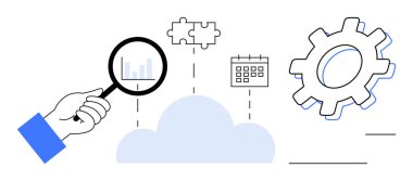 Bulut yakınında el ele tutuşan büyüteç, verileri analiz eden, bulmaca parçaları, takvim ve teçhizat. Analiz, strateji, problem çözme, proje planlama otomasyon bulut çözümleri için ideal