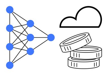 Birbirine bağlı düğümlü sinirsel ağ yapısı, bulut ve bozuk para yığını. Yapay zeka, kripto para, veri bilimi, bulut hizmetleri, fintech, dijital ekonomi ve yenilik temaları için ideal. Basit düz
